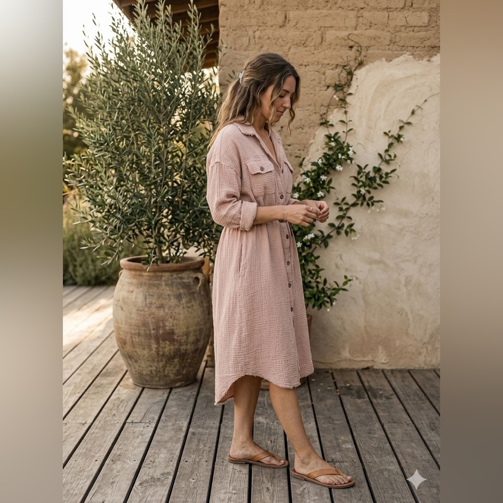 Oli & Hali Gauze Button Down Dress Duster Pink Bohemian Artsy Lagenlook,Small